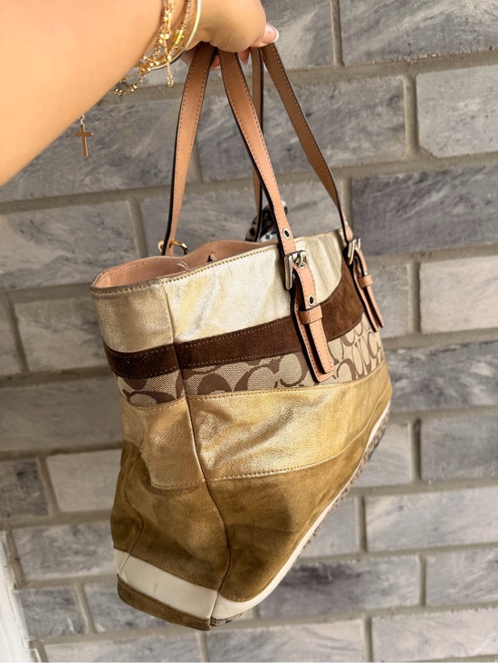 Coach Patchwork Signature Tote in Brown, Tan & Cream with Leopard 